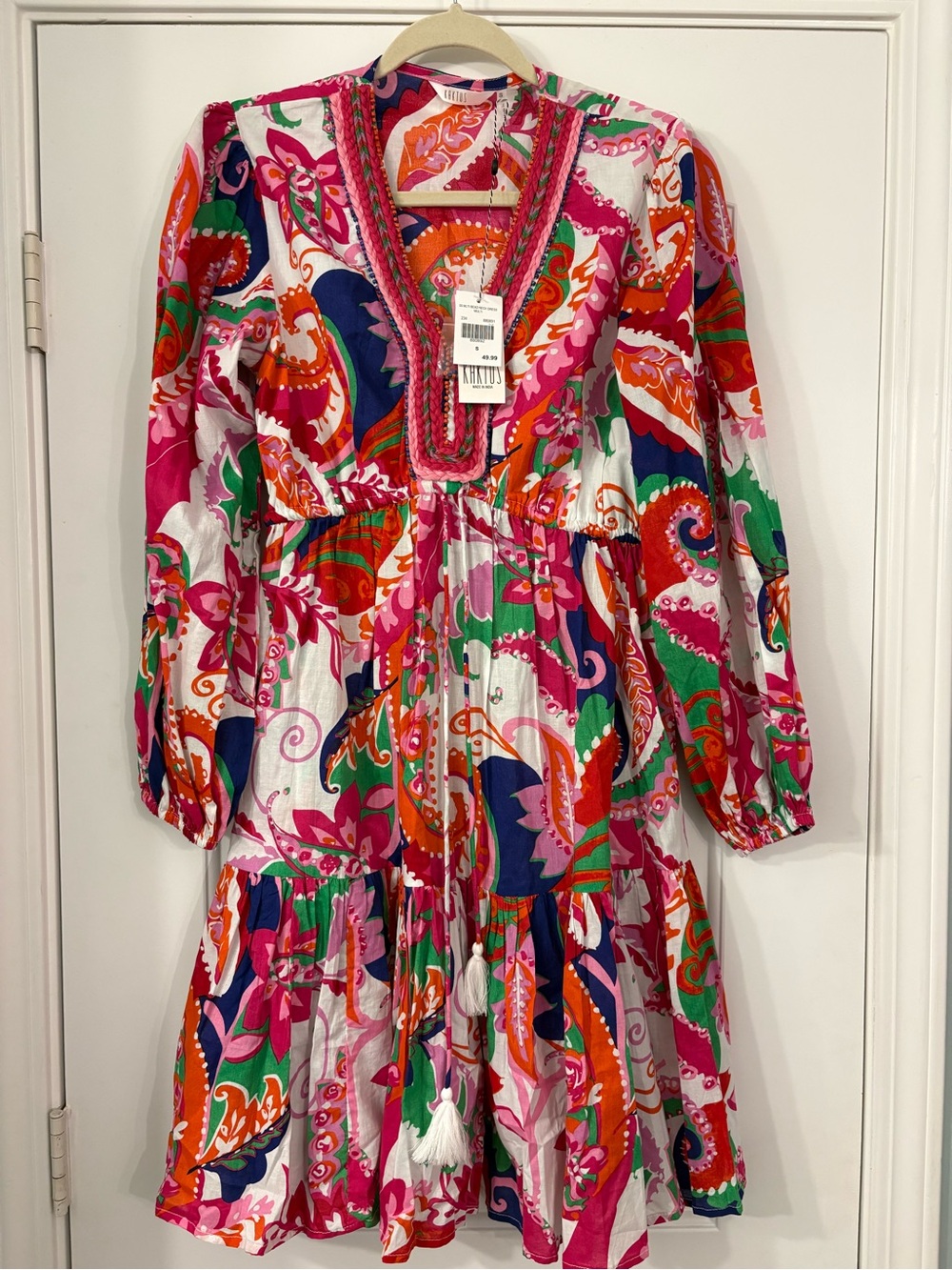 NWT Kaktus Vibrant Paisley Popover Dress in Pink, Green & Orange